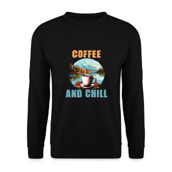 Kaffee und Chill Vintage Berg Natur-Szene - Unisex Pullover - Schwarz - Vorne - Alina (178cm) & Michal (187cm)