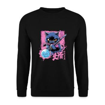 Japanische Katze Samurai Style für Katzen Fans - Unisex Pullover - Schwarz - Vorne - Alina (178cm) & Michal (187cm)