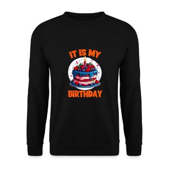 Lustige Dekorierter Geburtstagskuchen mit Kerze - Unisex Pullover - Schwarz - Vorne - Alina (178cm) & Michal (187cm)