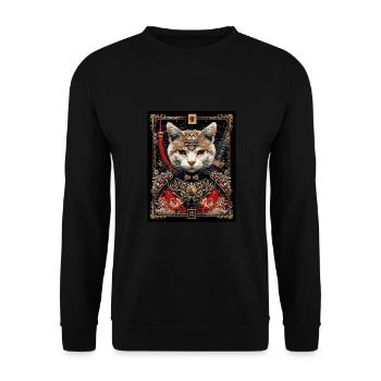 Japanische Katze Samurai Style für Katzen Fans - Unisex Pullover - Schwarz - Vorne - Alina (178cm) & Michal (187cm)