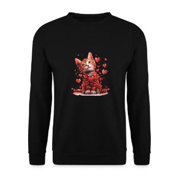 Katze Liebe Valentinstag Katze mit roten Herzen - Unisex Pullover - Schwarz - Vorne - Alina (178cm) & Michal (187cm)