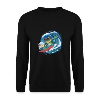 Cooler surfender Frosch mit Sonnenbrille Wellen - Unisex Pullover - Schwarz - Vorne - Alina (178cm) & Michal (187cm)
