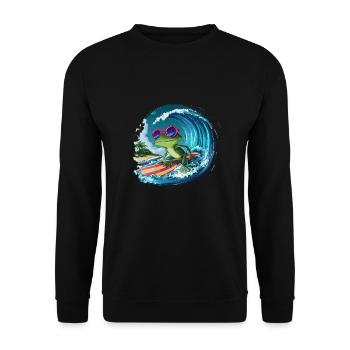 Cooler surfender Frosch mit Sonnenbrille Wellen - Unisex Pullover - Schwarz - Vorne - Alina (178cm) & Michal (187cm)