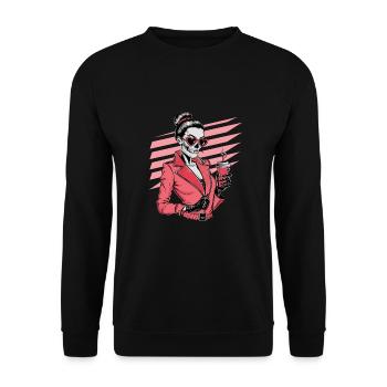 Witzige Skelett-Dame mit Kaffee und Sonnenbrille - Unisex Pullover - Schwarz - Vorne - Alina (178cm) & Michal (187cm)