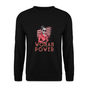 Witzige Skelett-Dame mit Kaffee und Sonnenbrille - Unisex Pullover - Schwarz - Vorne - Alina (178cm) & Michal (187cm)