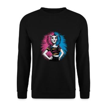 Punk Löwe mit rosa und blauen Haaren Retro Style - Unisex Pullover - Schwarz - Vorne - Alina (178cm) & Michal (187cm)