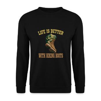 Life Is Better With Hiking Boots für einen - Unisex Pullover - Schwarz - Vorne - Alina (178cm) & Michal (187cm)