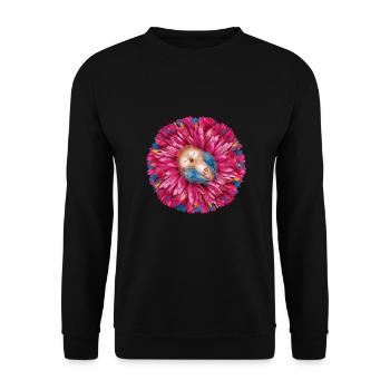 Niedlicher schlafender Vogel umgeben bunter Blume - Unisex Pullover - Schwarz - Vorne - Alina (178cm) & Michal (187cm)