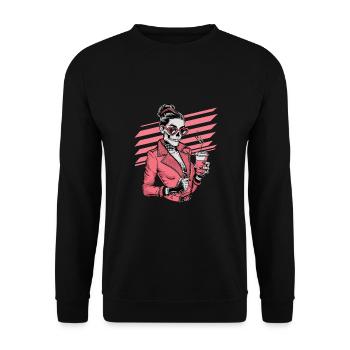 Witzige Skelett-Dame mit Kaffee und Sonnenbrille - Unisex Pullover - Schwarz - Vorne - Alina (178cm) & Michal (187cm)