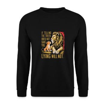 Inspirierendes Zitat mit Löwe und Junge Kunst - Unisex Pullover - Schwarz - Vorne - Alina (178cm) & Michal (187cm)