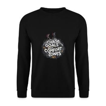 Chase Goals Not Comfort Zones für einen Wanderer - Unisex Pullover - Schwarz - Vorne - Alina (178cm) & Michal (187cm)