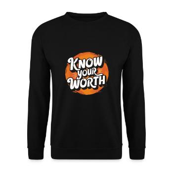 Motivierende Aussage Kenne deinen Wert - Unisex Pullover - Schwarz - Vorne - Alina (178cm) & Michal (187cm)