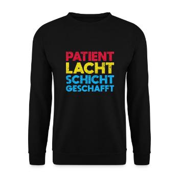Patient Lacht, Schicht Geschafft - Unisex Pullover - Schwarz - Vorne - Alina (178cm) & Michal (187cm)