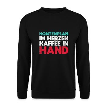 Kontenplan Im Herzen, Kaffee In Hand - Unisex Pullover - Schwarz - Vorne - Alina (178cm) & Michal (187cm)