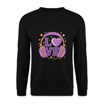 Lila Love Music Kopfhörer mit Sternen und Herz - Unisex Pullover - Schwarz - Vorne - Alina (178cm) & Michal (187cm)
