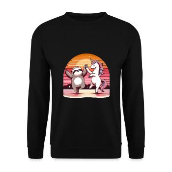 Magisches Faultier Einhorn tanzend Sternenhimmel - Unisex Pullover - Schwarz - Vorne - Alina (178cm) & Michal (187cm)