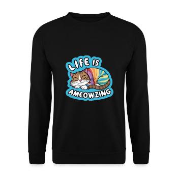 Bunte schlafende Katze mit positiver Botschaft - Unisex Pullover - Schwarz - Vorne - Alina (178cm) & Michal (187cm)