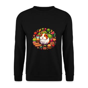 Süßes Meerschweinchen umgeben von leckerem Essen - Unisex Pullover - Schwarz - Vorne - Alina (178cm) & Michal (187cm)