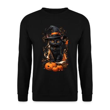 Chat enchanté d’Halloween: manche à balai magique - Sweat-shirt Unisexe - noir - Devant - Alina (178cm) & Michal (187cm)