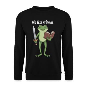 Dawn Test Frog: Schwert und Buch - Unisex Pullover - Schwarz - Vorne - Alina (178cm) & Michal (187cm)