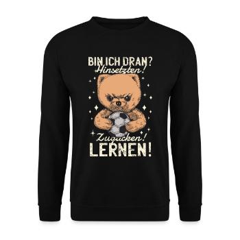 Fußballer Fußball Spruch Hinsetzen! Zugucken! - Unisex Pullover - Schwarz - Vorne - Alina (178cm) & Michal (187cm)