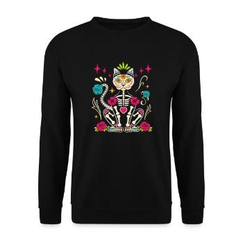 Dia De Los Muertos Sugar Skull Skelett Katze - Unisex Pullover - Schwarz - Vorne - Alina (178cm) & Michal (187cm)