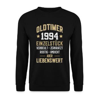 LUSTIG 32. GEBURTSTAG OLDTIMER 1994 EINZELSTÜCK - Unisex Pullover - Schwarz - Vorne - Alina (178cm) & Michal (187cm)