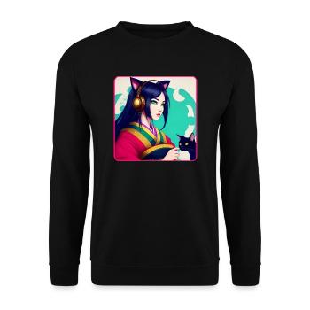Mignonne anime manga fille avec chats et écouteurs - Sweat-shirt Unisexe - noir - Devant - Alina (178cm) & Michal (187cm)