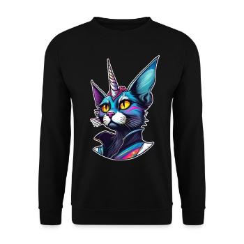 Psychedelisches Motiv Einhorn Katze - Unisex Pullover - Schwarz - Vorne - Alina (178cm) & Michal (187cm)