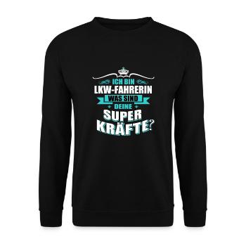 LKW-FAHRERIN-Superkräfte GESCHENK - Unisex Pullover - Schwarz - Vorne - Alina (178cm) & Michal (187cm)
