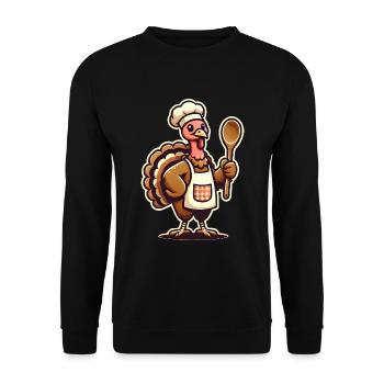 Dankbarer Truthahn im Chef-Schürzen-Design - Unisex Pullover - Schwarz - Vorne - Alina (178cm) & Michal (187cm)