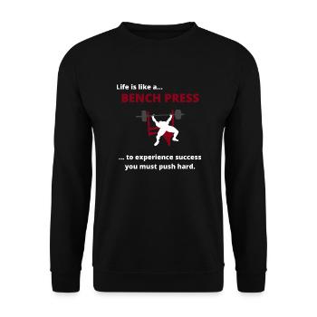 Life is like a Bench press.. Funny Gym Design - Unisex Pullover - Schwarz - Vorne - Alina (178cm) & Michal (187cm)