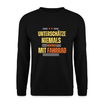Unterschätze niemals Rentner mit Fahrrad Spruch - Unisex Pullover - Schwarz - Vorne - Alina (178cm) & Michal (187cm)