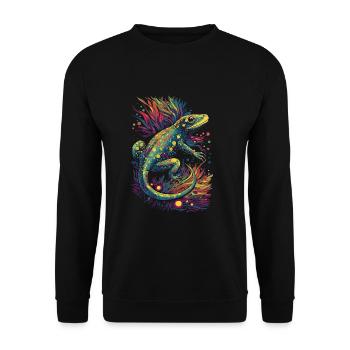 Coole trippy Eidechse/Echse mit bunten Pflanzen - Unisex Pullover - Schwarz - Vorne - Alina (178cm) & Michal (187cm)