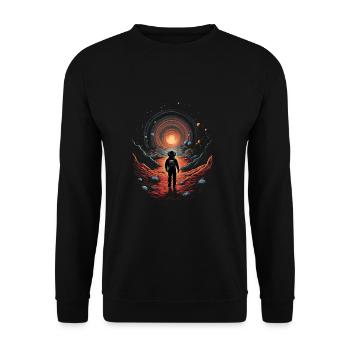 Trippy Wanderweg im Universum - Surreales Motiv - Unisex Pullover - Schwarz - Vorne - Alina (178cm) & Michal (187cm)