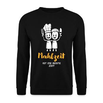 Mahlzeit Ist Die Beste Zeit - hell - Unisex Pullover - Schwarz - Vorne - Alina (178cm) & Michal (187cm)