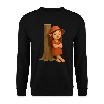 Zwergin lässig am Baum lehnend - Unisex Pullover - Schwarz - Vorne - Alina (178cm) & Michal (187cm)