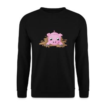 Planschendes Comic Schweinchen - Unisex Pullover - Schwarz - Vorne - Alina (178cm) & Michal (187cm)