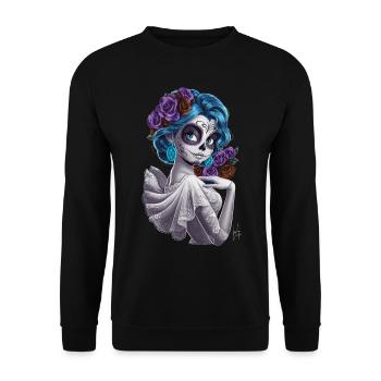 De Los Muertos mit einer Frau und Blumen für - Unisex Pullover - Schwarz - Vorne - Alina (178cm) & Michal (187cm)