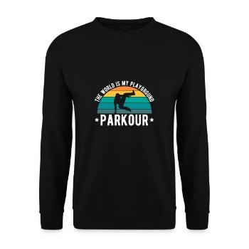 The World Is My Playground Parkour Shirt Geschenk - Unisex Pullover - Schwarz - Vorne - Alina (178cm) & Michal (187cm)