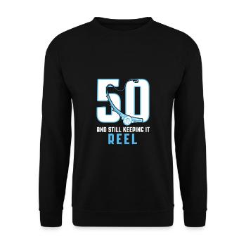 50 And Still Keeping It Reel Fischer Angler Shirt - Unisex Sweatshirt - black - Front - Alina (178cm) & Michal (187cm)