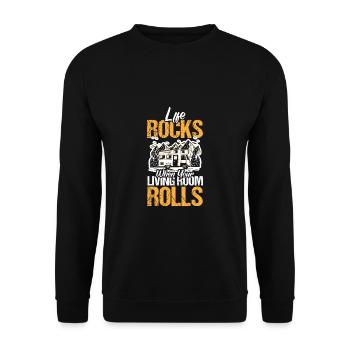 Life Rocks When Your Living Room Rolls Shirt - Unisex Pullover - Schwarz - Vorne - Alina (178cm) & Michal (187cm)