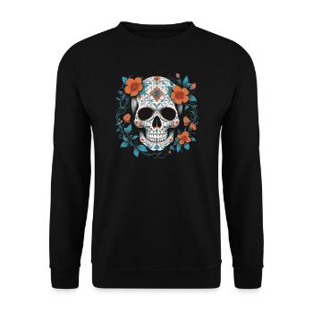 Bunter Totenkopf mit mexikanischen Motiven Design. - Unisex Pullover - Schwarz - Vorne - Alina (178cm) & Michal (187cm)