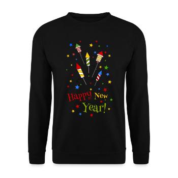 Silvester Party Outfit Happy New Year Raketen bunt - Unisex Pullover - Schwarz - Vorne - Alina (178cm) & Michal (187cm)
