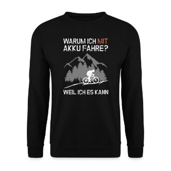 e-MTB - WARUM ICH MIT AKKU FAHRE ? E-Mountainbiker - Unisex Pullover - Schwarz - Vorne - Alina (178cm) & Michal (187cm)