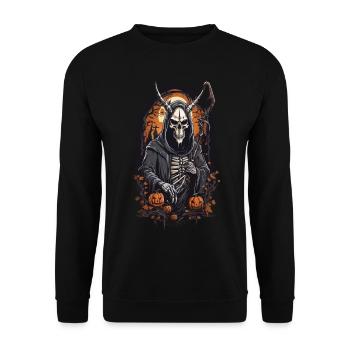 Dämonischer Sensenmann Totenkopf Halloween Design - Unisex Pullover - Schwarz - Vorne - Alina (178cm) & Michal (187cm)