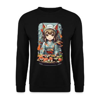 Kawaii Anime Sushi Master with Cat Ears - Unisex Sweatshirt - black - Front - Alina (178cm) & Michal (187cm)