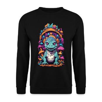 Psychedelic Pilze mit Dinosaurier Fantasiewelt - Unisex Pullover - Schwarz - Vorne - Alina (178cm) & Michal (187cm)