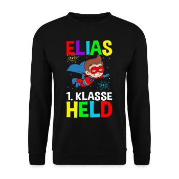 Schulkind Elias 1. Klasse Held - Unisex Pullover - Schwarz - Vorne - Alina (178cm) & Michal (187cm)
