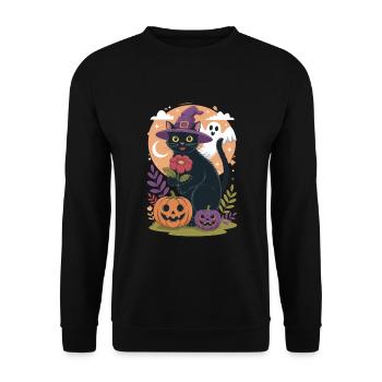 Halloween Katarte mit Hexenhut und Kürbissen - Unisex Pullover - Schwarz - Vorne - Alina (178cm) & Michal (187cm)